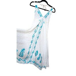 NWT Womens 100% Viscose Maxi Dress Blue Embroidery Spaghetti Straps & Tie Back